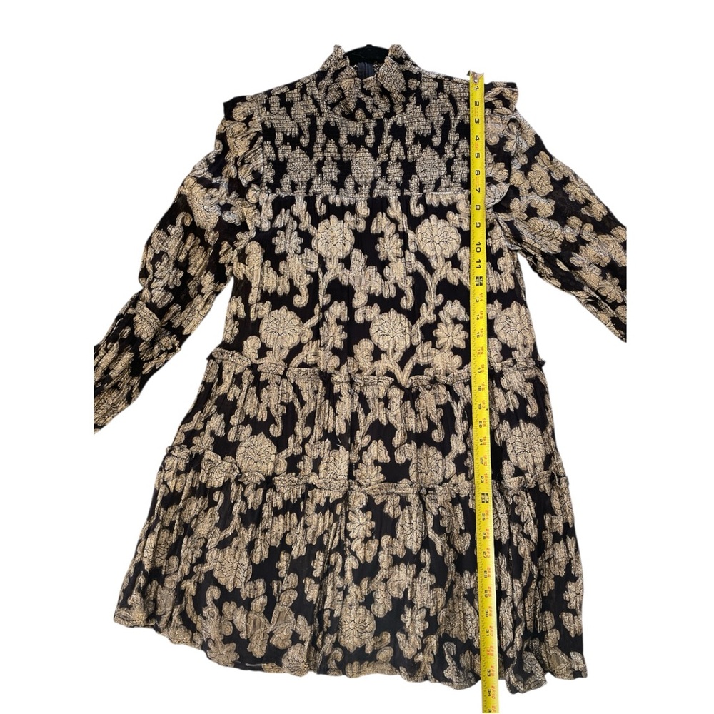 ELAN Metallic Mock Neck Mini Dress Women's M Black/Gold Floral Back Zip Closure - Picture 11 of 13